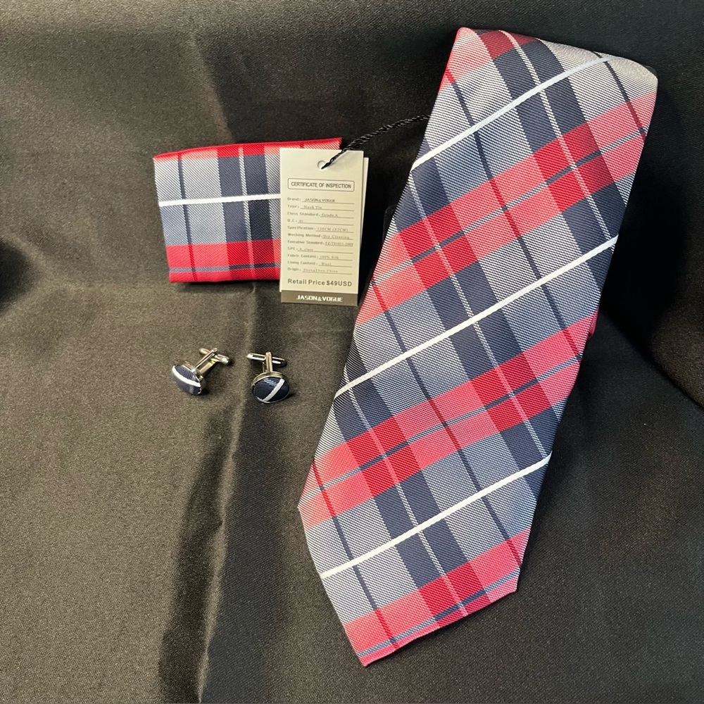 Red and Navy Plaid Men's Tie with Cufflinks
